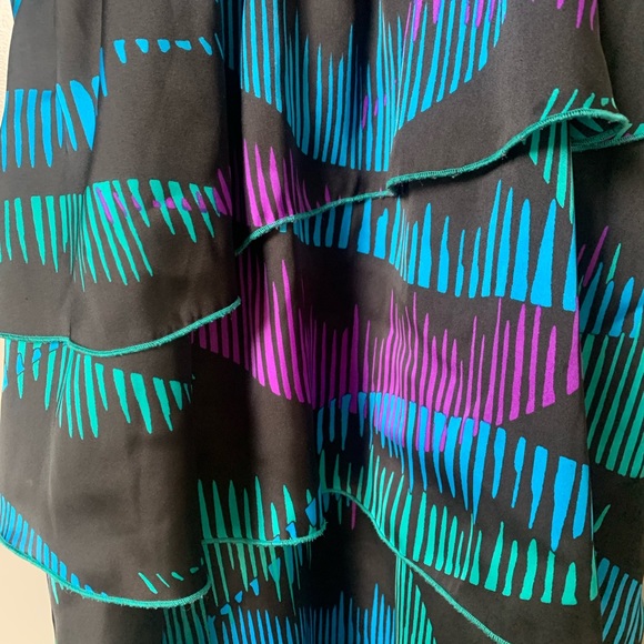 Bebe Tropical Neon Layered Ruffle Purple, Blue & Black Adjustable Silky Dress - Picture 3 of 5
